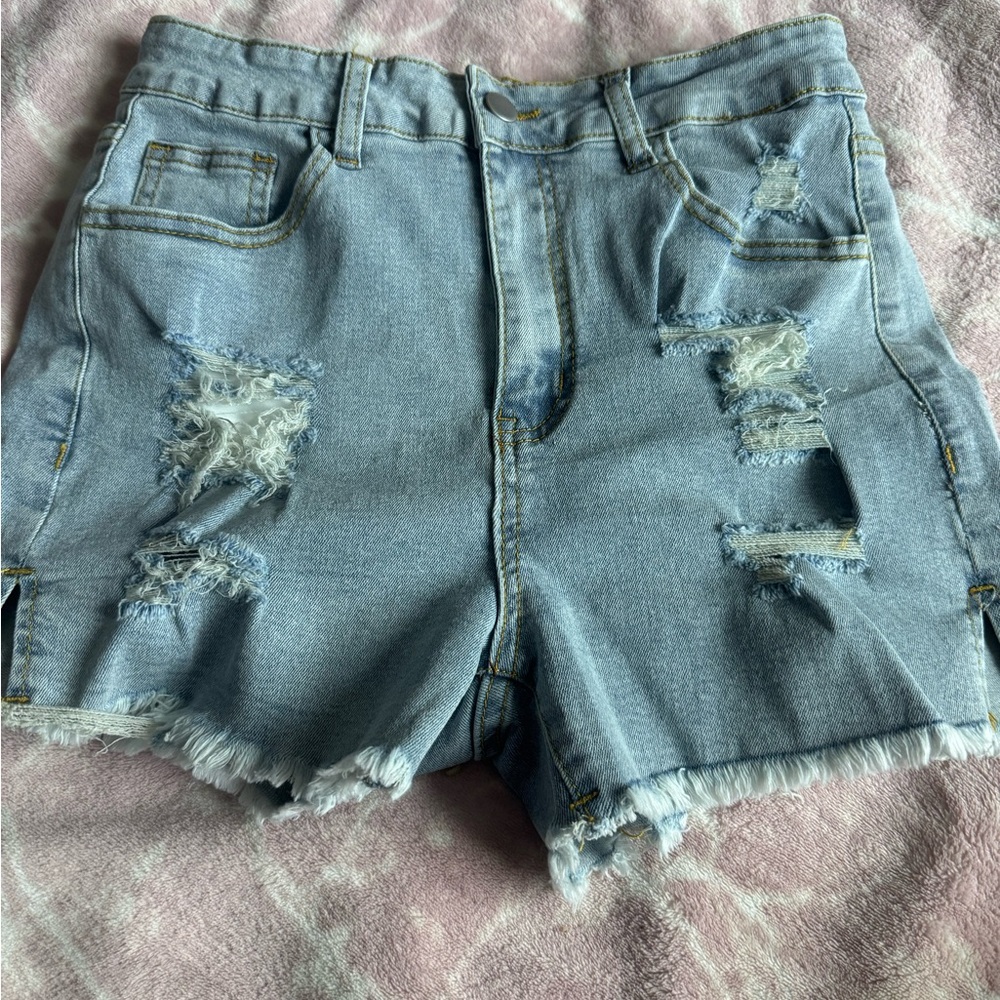 SHEIN Blue Jean Shorts Distressed Frayed Hem